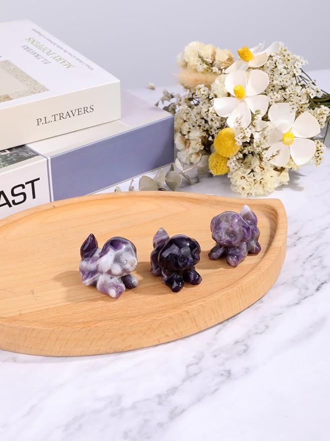 Jovivi Natural Amethyst Crystal Lying Dog Statue Home Decor Carved Mini Gemstone Puppy Dog Figurines Pocket Sculpture Reiki Healing Stones Decorative Ornament Gift