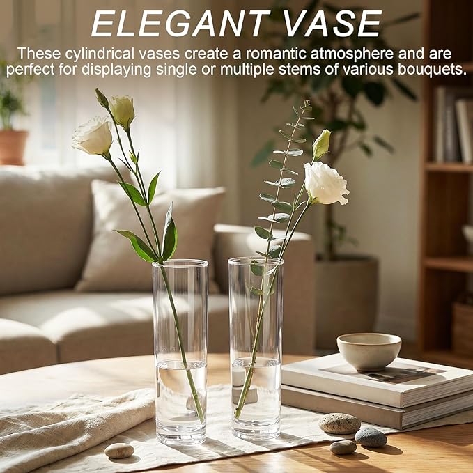 48 Pcs Acrylic Cylinder Bud Vases for Centerpieces, Acrylic Tall Flower Vase Clear Small Vases Bulk for Single Rose Table Centerpiece Wedding Home Decor Indoor Desk Office Party Decorations