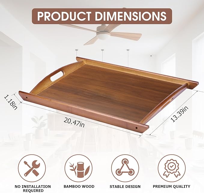 Wood Serving Tray with Handles, Wooden Tray, 20.47 inch Square Decorative Serving Trays Platters for Home, Party, Coffee Table,Dining Table & Countertop