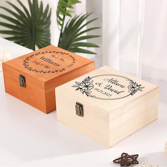 Personalized Wedding Keepsake Box Custom Name Date, Wooden Memory Box Wedding Gift Box for Couples Newlyweds - Customized Gifts for Bridal Shower Anniversary Engagement Christmas