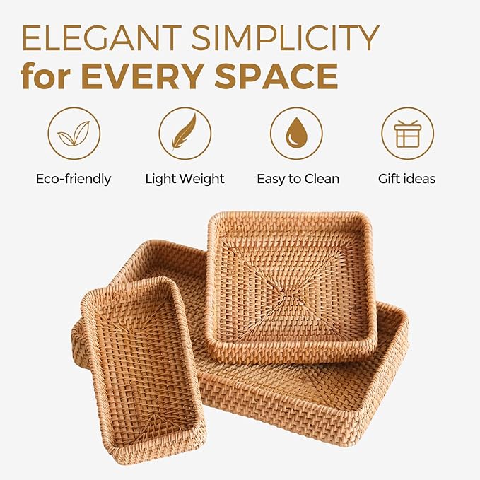 Rattan Serving Tray, Including 3 Sizes of Woven Wicker Rectangle Trays & Shallow Basket Trays. Decorative Rattan Baskets with Organizing Function, Daily Serving Needs