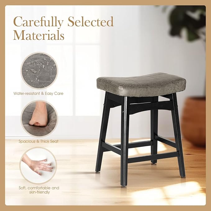 Sophia & William Counter Height Bar Stool for Kitchen Island,24" Counter Stools with Wooden Legs, Abrasive Leather Saddle Seat Bar Stool,Grey,1 PC