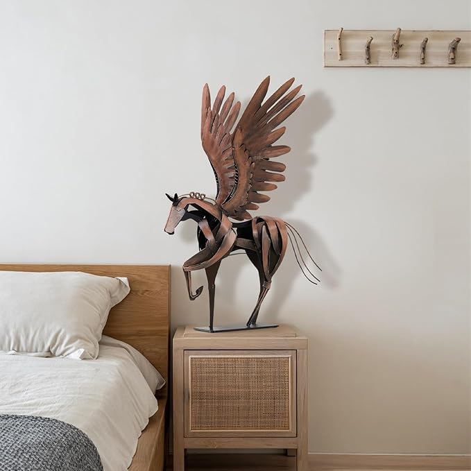 Horse Statue Décor Artwork, 24" H Handmade Metal Pegasus Greek Flying Horse Sculpture, Hand-Painted Animal Figurines for Home Living Room Office (Vintage Brown with Wings)