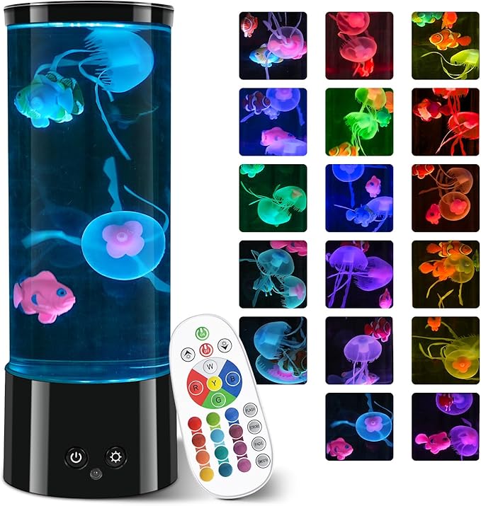 11.6 inch Jellyfish Lamp with 17 Color Changing Effects, LED Jellyfish Tank Table Lamp Decorations, Portabe Table Mood Lamp for Room Office Night Light Liquid Motion Lamp Ideal Gift for Kids