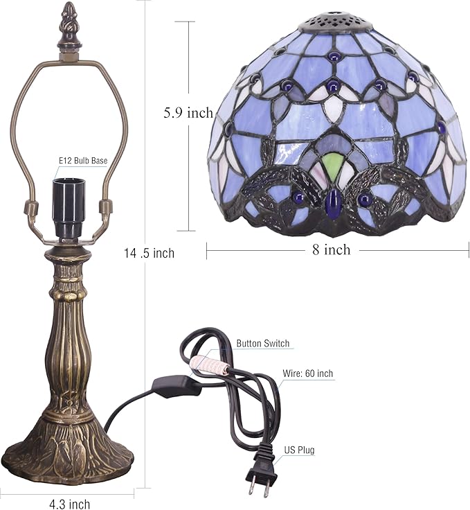 Small Tiffany Lamp Stained Glass Desk Lamp Vintage Tiffany Bedside Table Lamp for Home Living Room Bedroom Nightstand 8X15 Inch (Blue Baroque Style)