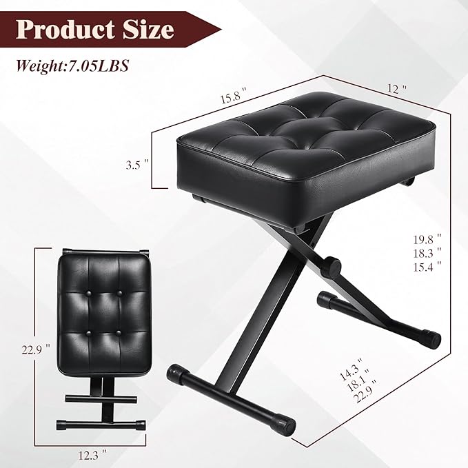 Adjustable Piano Bench Keyboard Bench - Foldable Keyboard Stool with Non-Slip Feet,3-Level Height Suitable for Adults&Kids,Classic Button Design,Premium PU Leather Cushion, Portable Piano Seat (Black)