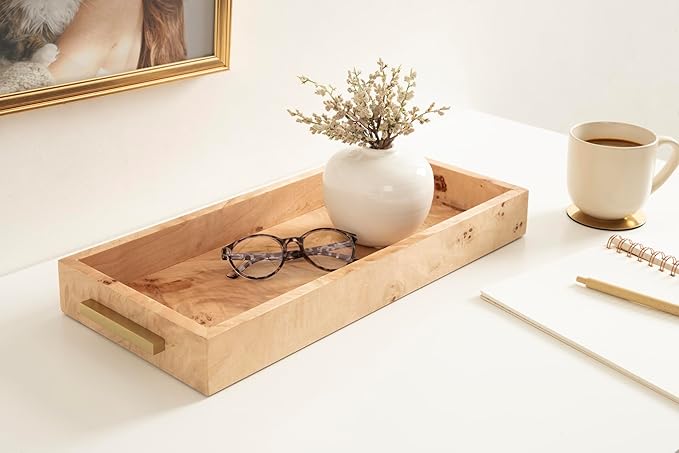 Kate and Laurel Burlock Modern Decorative Burlwood Rectangle Tray with Handles, 8 x 19, Natural Wood and Gold, Transitional Rectangular Tray for Use as Entryway Tray Decor or Ottoman Serving Tray