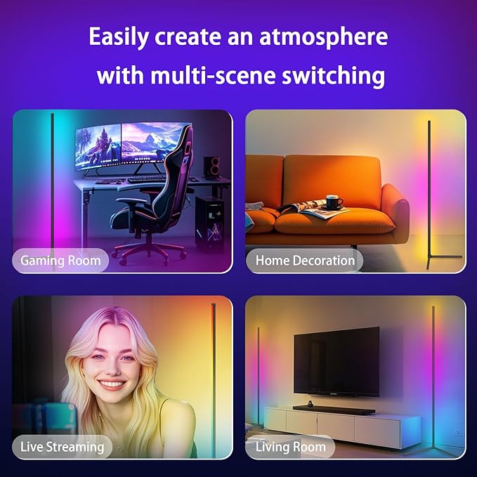 LED Corner Floor Lamp, 68+ Scenes, 16 Million Colors Corner Light with App & Remote Control, 65” Smart RGB Ambient Lighting with Music Sync, Mood Lighting for Bedroom, Living Room, Gaming Room