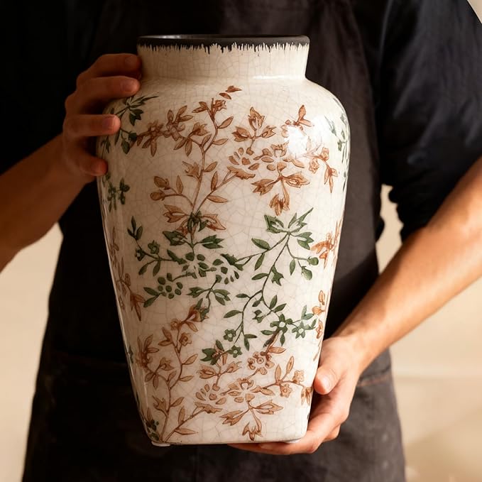 Green Ceramic Vase, Vintage Green Vases for Home Decor, Rustic Farmhouse Round Flower Vase for Living Room Table, Centerpieces, Decorative Vases for Shelf Kitchen Entryway, Chinoiserie Decor