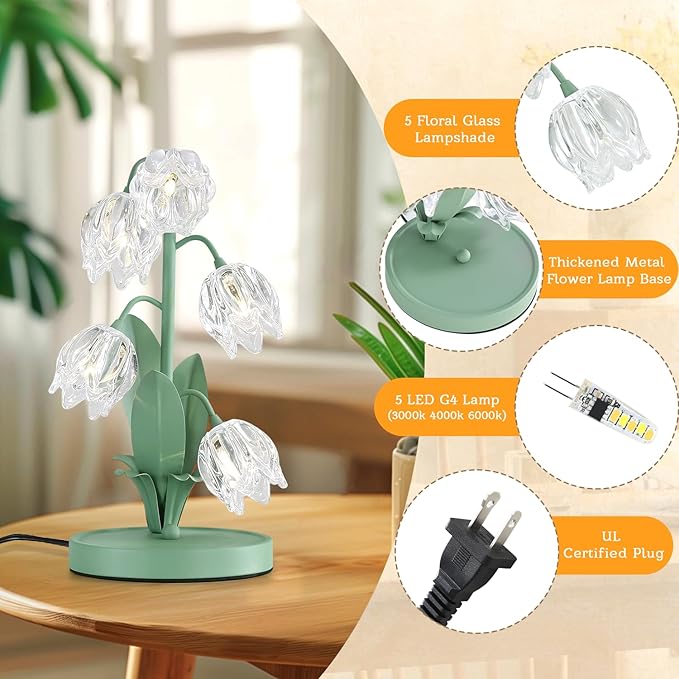 Glass Flower Table Lamp,5 Lily of The Valley Bedside Lamps,3 Color Modes Desk Lamp with G4 Led Bulbs for Home,Living Room,Bedroom,Night Stands,Decor