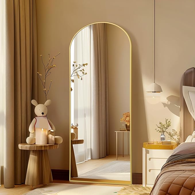 56"X18" Arched Full Length Mirror, Gold Floor Mirror with Stand Hanging or Leaning Against Wall, Tempered Glass Full Body Mirror for Bedroom Living Room, Aluminum Alloy Frame