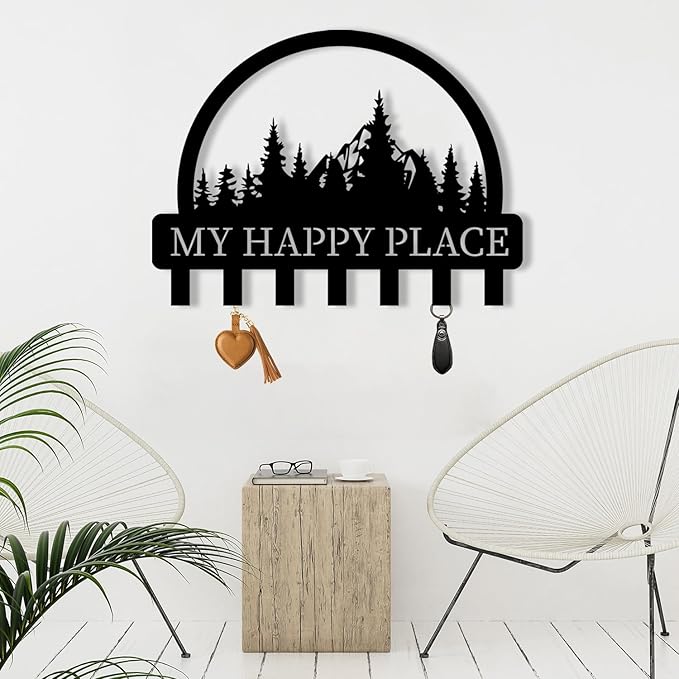 Personalized Metal Key Holder for Wall, Metal Wall Mount Custom Name Hooks, My Happy Place Wall Decoration Key Hook, Key Rack for Kitchen, Key Organizer for Living Room, Hallway Key Holder, Home Gift