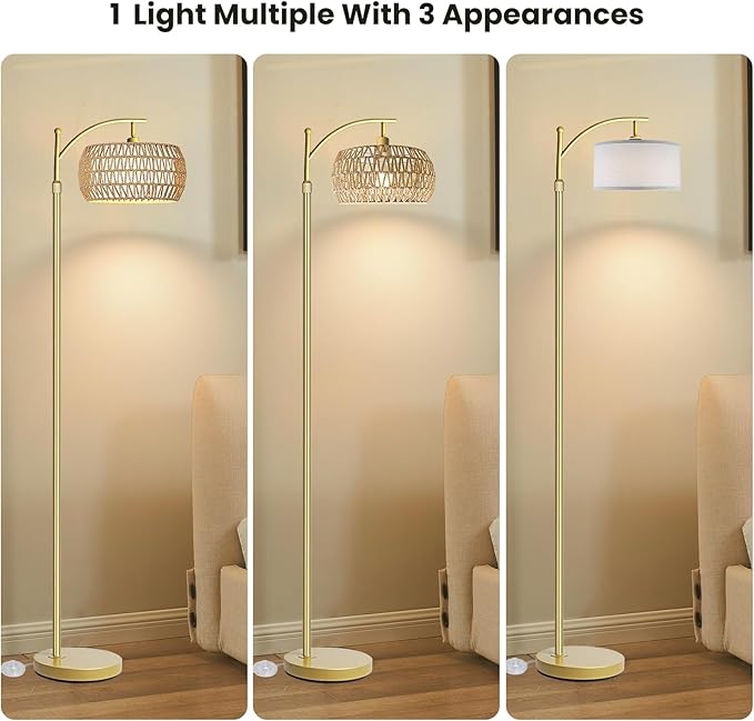 Yusist Arc Floor Lamp for Living Room,Farmhouse Floor Lamps with Remote Control & Dimmable Bulb,Gold Boho Rattan Tall Standing Lamp for Bedroom Office