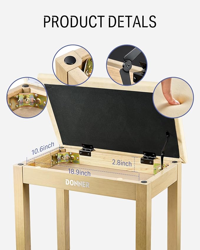 Donner Piano Bench with Storage, Solid Wood Keyboard Bench Piano Bookcase Stool Chair Seat with High-Density Suede Cushion, Light Wood Color