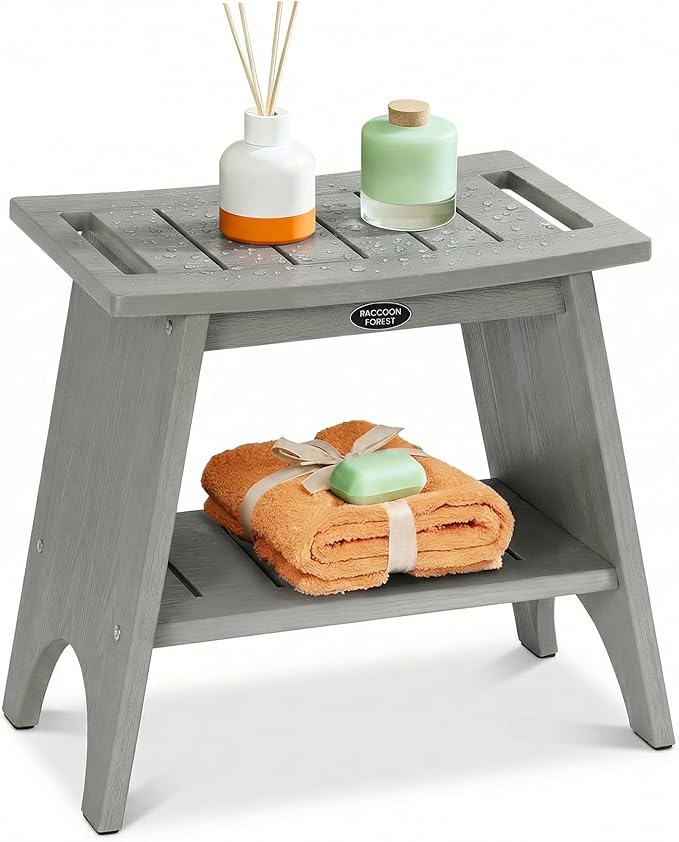 Shower Benches for Inside Shower, Shower Stool for Shaving Legs, 500lbs Shower Chair with Space-Efficient Storage Shelf, Waterproof Shower Seat for Spa Bathroom, Indoor or Outdoor Use(Grey)