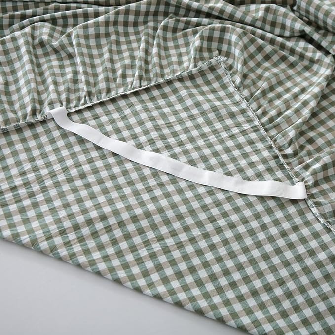Silnuo Sage Green Plaid Bed Skirt Washed Cotton Shabby Gingham Checkered Dust Ruffle King Size 18" Bedding(1 Bed Skirt Only)