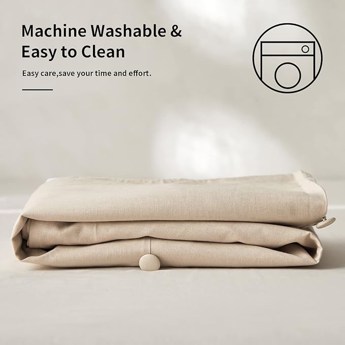 BISELINA French Linen Bed Skirt Split Corner with Button 14-Inch Tailored Drop Natural Flax Cotton Blend Basic Dust Ruffle Soft Cozy (14" Queen,Button Linen)