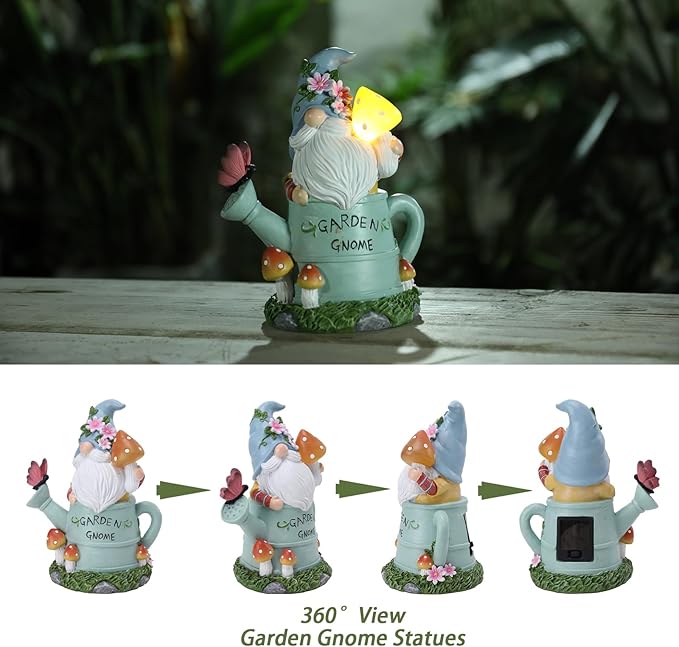 Garden Gnome Statue, Solar Powered Gnome Outdoor Decorations with Watering Can Shape - Resin Gnome Figurine with Mushroom Solar Lights for Porch Patio Lawn Yard Art Decor, Gift for Mom