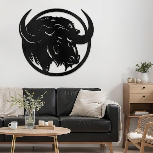 SIGNLEADER Metal Wall Art Decor Majestic Buffalo Circular Frame Minimalist Modern Abstract Wall Sculpture Hangings Home Decoration for Living Room, Bedroom, Bathroom, Kitchen, Outdoor - 18" Black