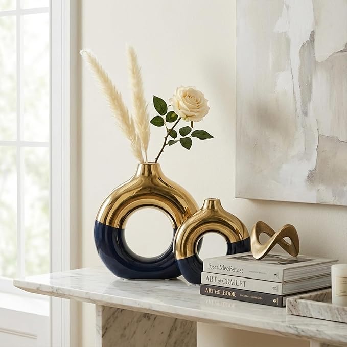 Blue and Gold Vase Decor Donut Vase Set of 2 - Circle Hollow Vases, Modern Matte Ceramic Vases for Entryway Living Room Bedroom Dining Table Centerpiece Office Home Decor