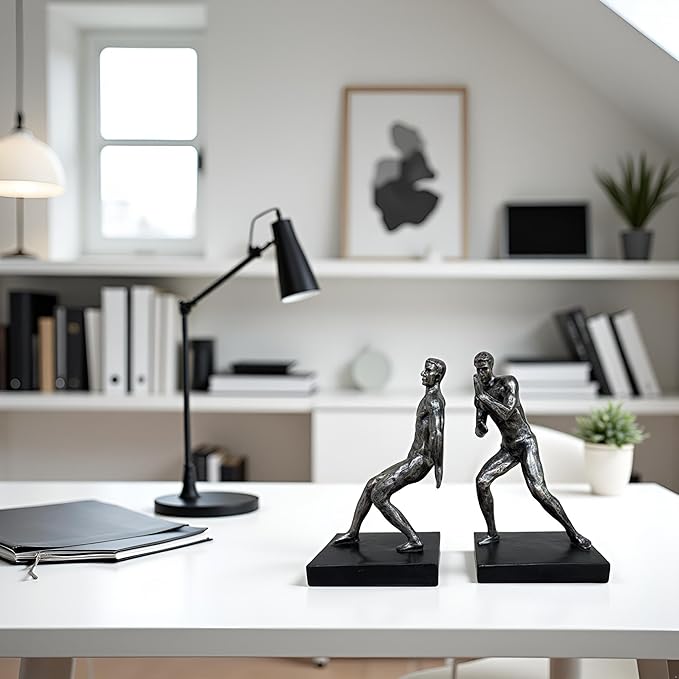 Modern Abstract Man Bookends Set of 2 – Heavy Duty Resin Sculpture Book Stoppers, Decorative Book Ends for Home Office Bookshelf Organize