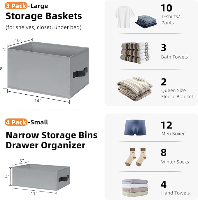 7 Pack Closet Organizers Bins, 2 Sizes Closet Shelf Organizer with Handles - Fabric Home Organization and Storage Baskets for Organizing Clothes Toys Blanket Towel Purse