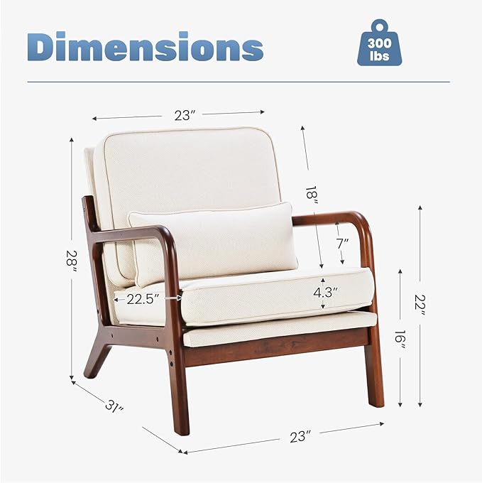 DUMOS Accent Chair,Mid Century Modern Chair with Arms and Waist Cushion, Reading Chairs for Adults, Lounge Chair for Living Room and Bedroom, Solid Wooden Frame,Off-White