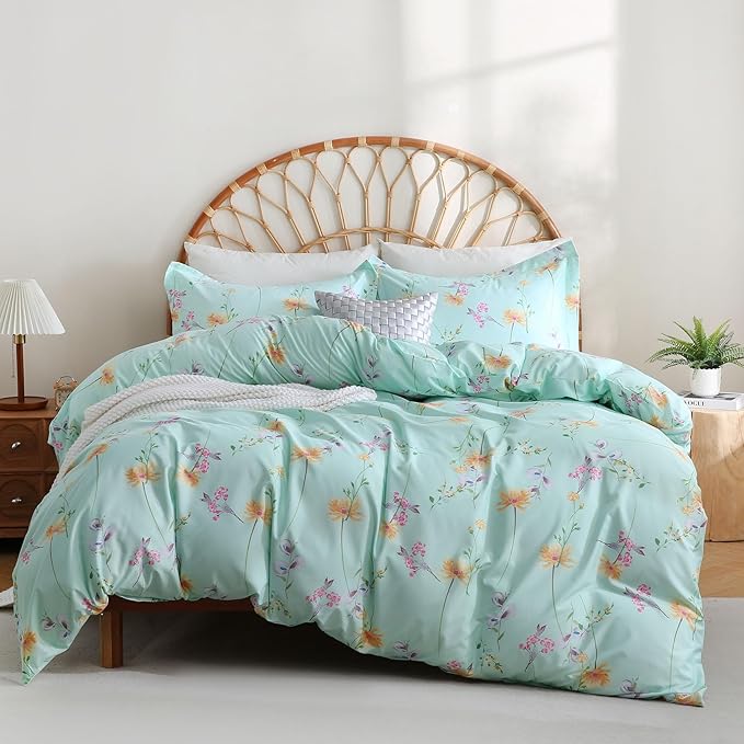 JSD Green Floral Duvet Cover Set King Size, 3 Piece Botanical Printed Microfiber Comforter Cover with Corner Ties Zipper Closure