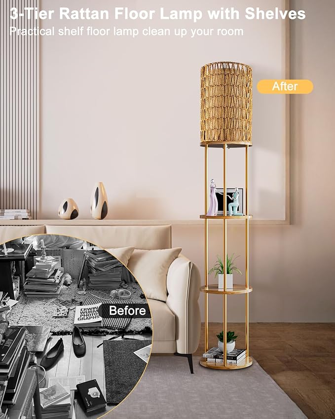 ACOHOOK 61" Rattan Floor Lamp with Shelves, 3-Tier Storage Shelves with 3000K E26 Bulb Included, 35lb Capacity Solid Wood Design, Corner Bookshelf Floor Lamps for Living Room, Bedroom Home Decor-Gold