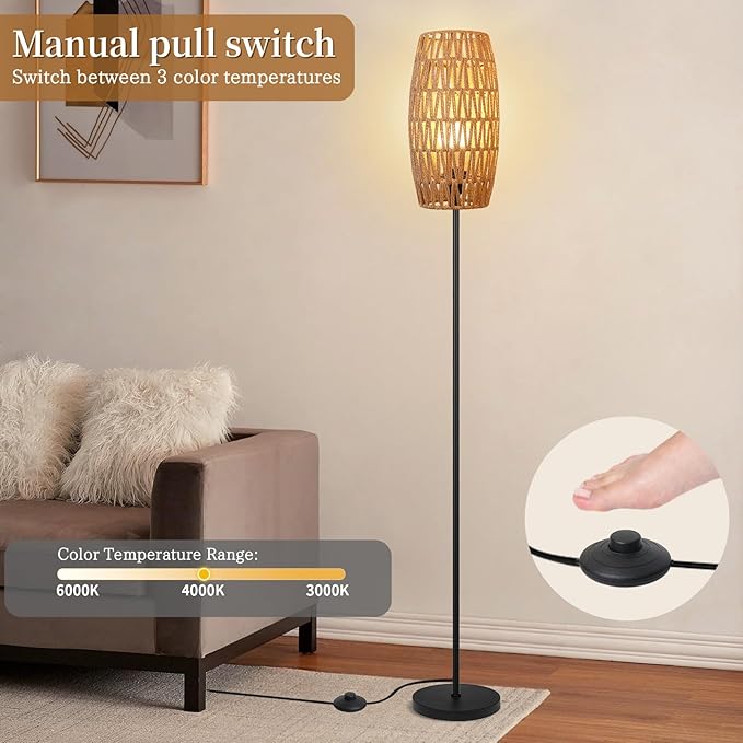 Floor Lamp for Living Room,Farmhouse Floor lamp,Modern Standing lamp with Hand-Worked Rattan Shade (Drum Shade-with Remote)