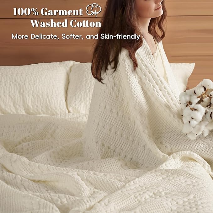 PHF 100% Cotton Waffle Weave Blanket Twin Size for Bed, Soft Lightweight & Breathable, All-Season Comfort, 300 GSM Luxury Aesthetic Blanket for Home Decor, 66"x90", Cannoli Cream