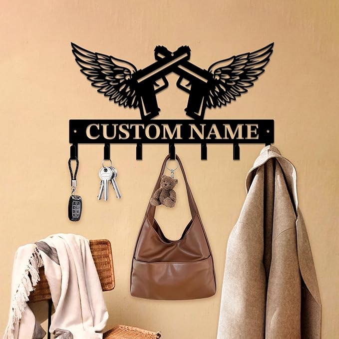 Personalized Custom Name Gun Wall Hooks,Metal Gun Room Art Clothes Hooks,Metal Gun Wall Home Storage Decorative,For Front Door, Hallway, Kitchen, Bedroom,Keys,Hats (Style D)