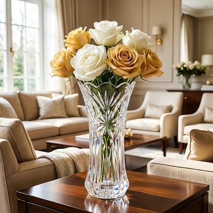 JASVIC 12 Inch Crystal Vases for Flowers, Starburst Design Glass Flower Vase, Elegant Modern Decorative Vase for Living Room Dining Table Office Centerpiece, Wedding