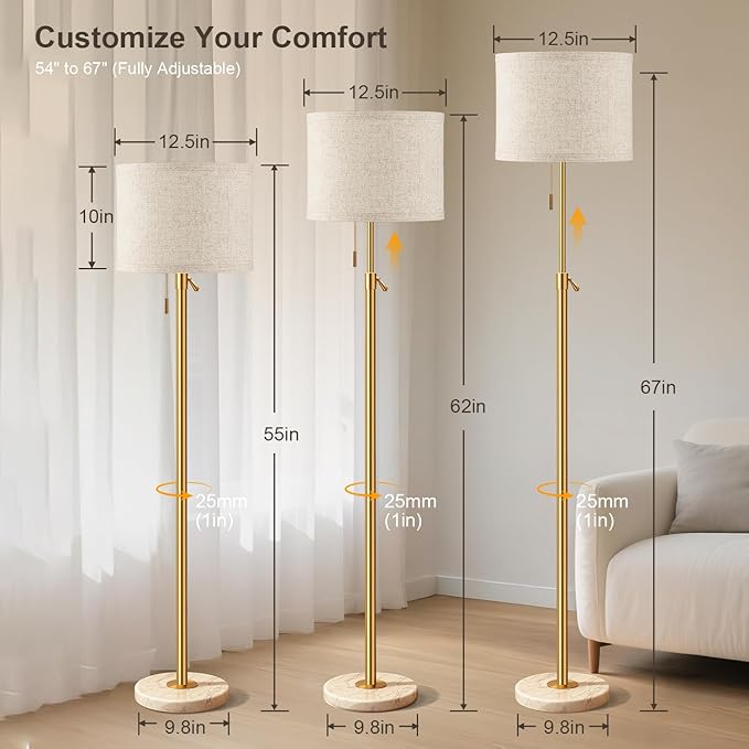 FUNNYBEHOM Modern Gold Floor Lamp for Living Room, Floor Lamp with Remote Control, Adjustable Height Standing Lamp with Marble Base & Linen Shade, Dimmable Tall Floor Light for Bedroom, Reading