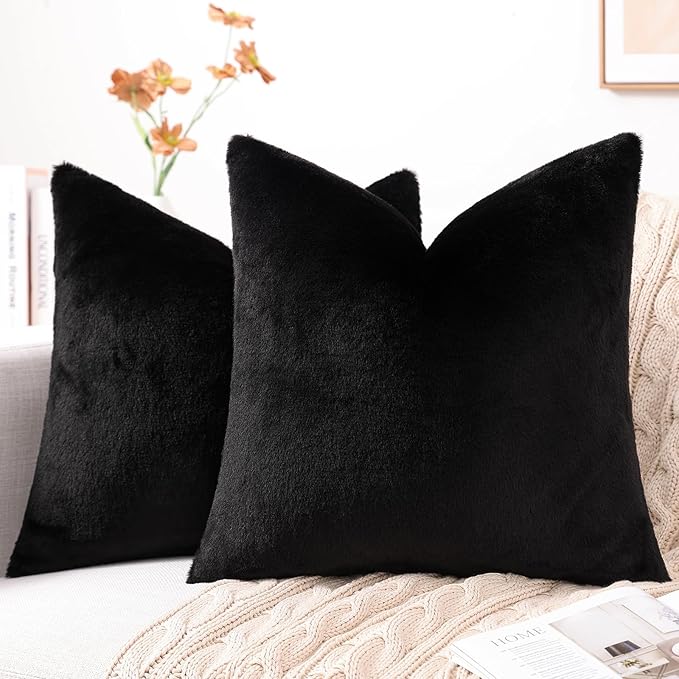 Pallene Faux Fur Plush Throw Pillow Covers 16x16 Set of 2, Luxury Soft Fluffy Cozy Decorative Pillow Covers for Sofa, Couch, Living Room, Black