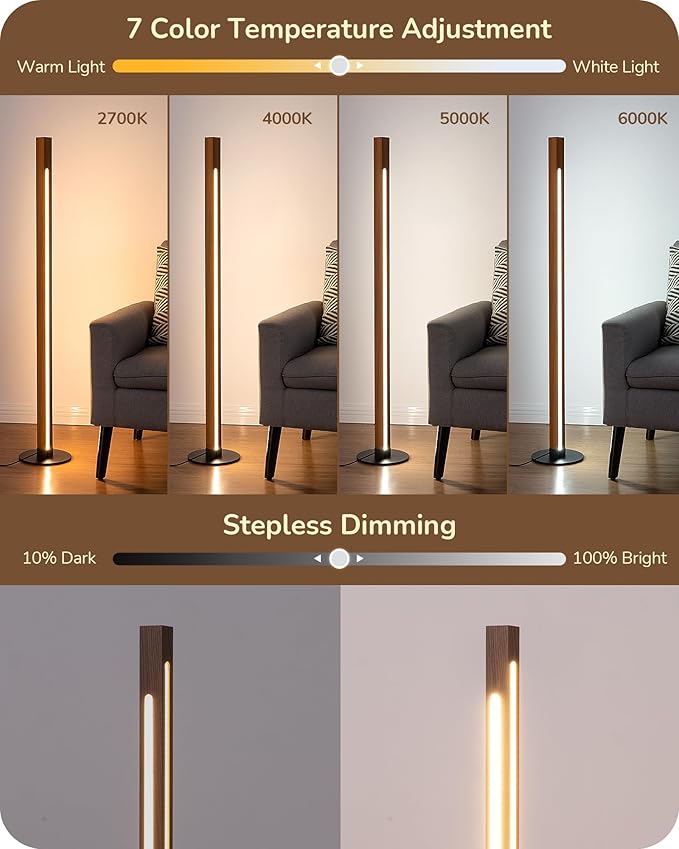 EDISHINE Wood Floor Lamp, Upgraded Dual-Sided Lighting, Minimalist Floor Lamps for Living Room, Corner Floor Lamp with Remote/Foot Control, 7CCT & Dimmable Corner Lamp for Bedroom, Office, Walnut Wood