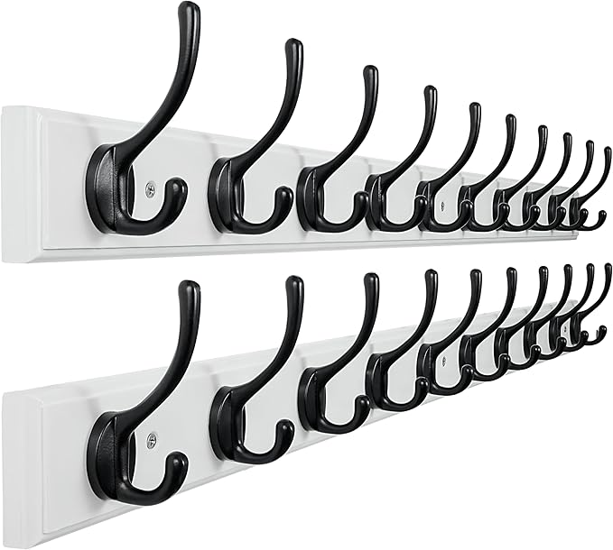 Dseap Coat Rack Wall Mounted: 10-Hooks, 38-1/4" Long, 16" Hole to Hole, Wood Coat Hooks Wall Mounted, Hook Rack, Hook Rail, Hooks for Hanging Coats, White & Black, Pack of 2