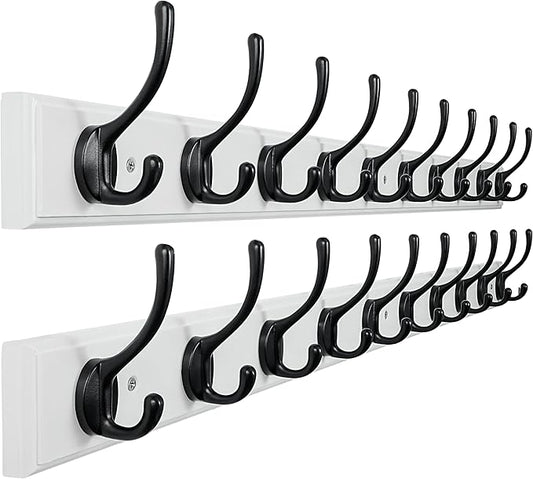 Dseap Coat Rack Wall Mounted: 10-Hooks, 38-1/4" Long, 16" Hole to Hole, Wood Coat Hooks Wall Mounted, Hook Rack, Hook Rail, Hooks for Hanging Coats, White & Black, Pack of 2