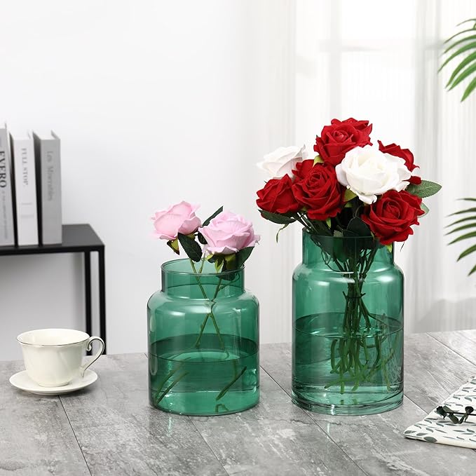 Large Glass Vase, Green Glass Vase Set of 2, Large Flower Vases for Bouquet, Tall Wide Mouth Vases for Flowers, Home, Wedding, Living Room, Office Decor, 7"+9"