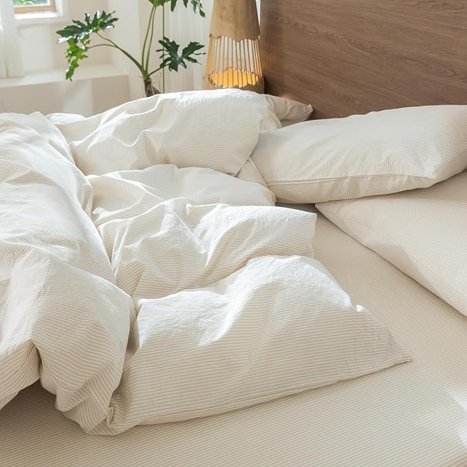 MooMee Striped Duvet Cover Set 100% Washed Cotton Linen Like Textured Breathable Durable Soft Comfy (Almond Milk Grey Pinstripes, King 104"x90")