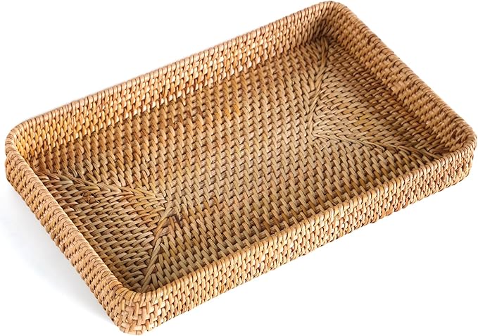 Rattan Serving Tray, Woven Wicker Rectangle Tray Shallow Basket for Organizing, Rattan Baskets for Coffee Table, Kitchen Counter, Bathroom, Organizing and Storage (14.6 x 9.1 inch)