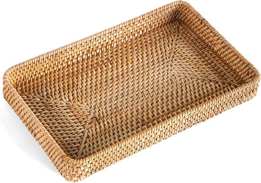 Rattan Serving Tray, Woven Wicker Rectangle Tray Shallow Basket for Organizing, Rattan Baskets for Coffee Table, Kitchen Counter, Bathroom, Organizing and Storage (14.6 x 9.1 inch)