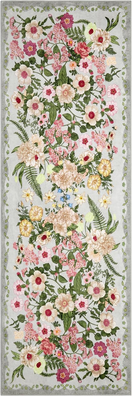 AREAMAY Floral Runner Rug 2x6 - Washable Vintage Kitchen Rug Low Pile Non-Slip Carpet for Entryway Hallway, Laundry, Bedroom - Soft, Stain Resistant Indoor Area Rug - Grey
