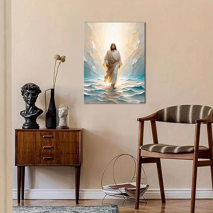Jesus Walking on Water Canvas Wall Art Religious Christian Bible Stories Poster Oil Painting Wall Decor Religious Savior Pictures Aesthetic for Living Prayer Room Church Bedroom 12x16 in Framed