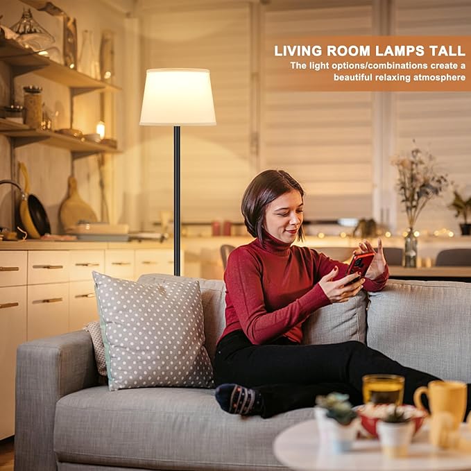 Raexpectis Floor Lamps for Living Room - 3 Color Temperatures Standing Lamp with White Shade, Modern Floor Lamp with LED Bulbs, Black Tall Lamp for Bedroom Office(9W Bulb Included)
