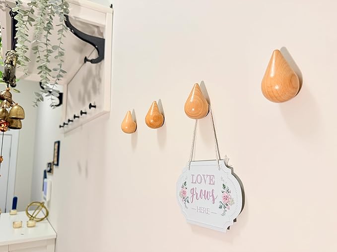 Magnifico Droplet Hook Coat Rack Wall Mount - Boho Coat Hooks, Hat Rack for Wall, Towel Hooks, Accordion Hanger, Purse Storage, Modern Home Decor, Decorative Hooks (Beech Wood, 4 Pack)