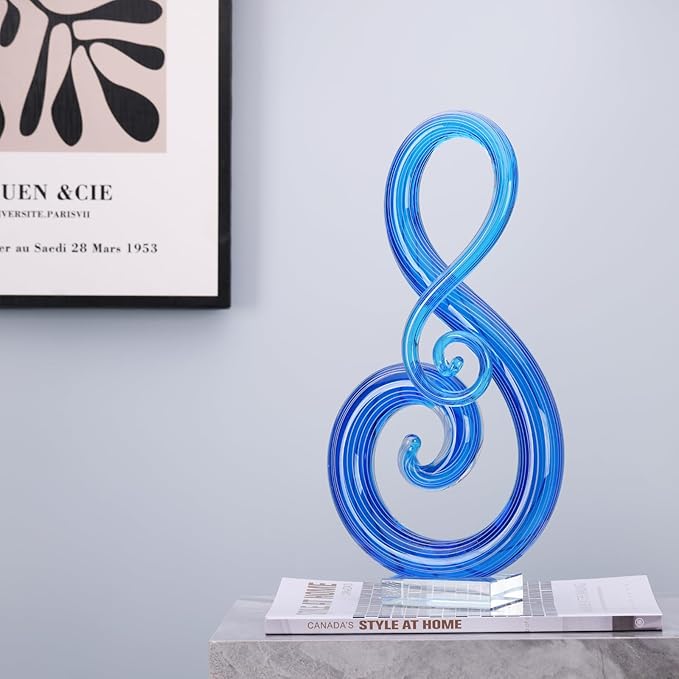 LCCCK 13" H Large Glass Sculpture Blue Hand Blown Glass Figurines Art Music Decor, Modern Red Glasses Decor Crystals Statue Knick Knacks- for Luxury Home Living Room Office Console Table Decoration