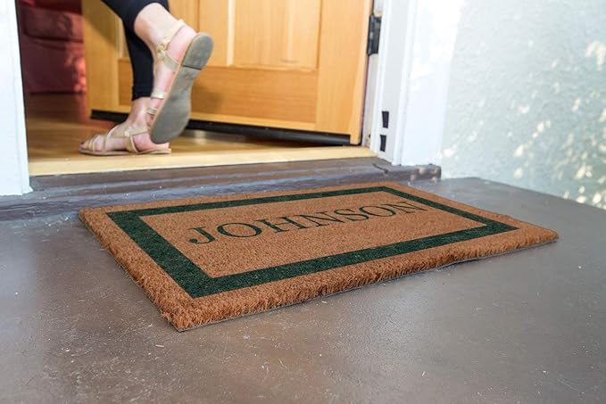 COCO MATS 'N MORE Green Single Bordered Personalized Coco Doormat 18" x 30" with Vinyl Backing