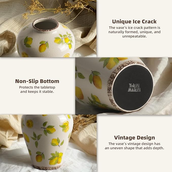 Vintage Lemon Ceramic Vase, Ice Glazed Crack Farmhouse Pitcher Vase for Shelf, Centerpiece Table,Room,Bathroom,Bedroom,Living Room,Office Decorations(7.8 inch)