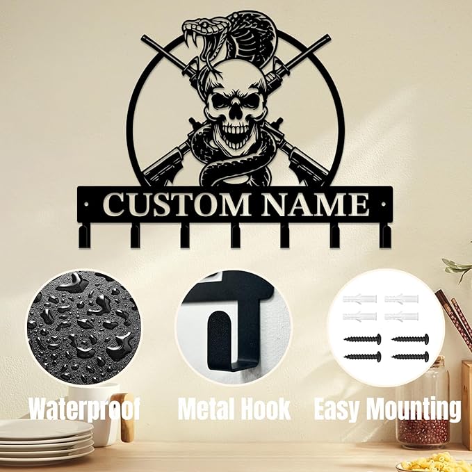 Personalized Custom Name Gun Wall Hooks,Metal Gun Room Art Clothes Hooks,Metal Gun Wall Home Storage Decorative,For Front Door, Hallway, Kitchen, Bedroom,Keys,Hats (Style L)